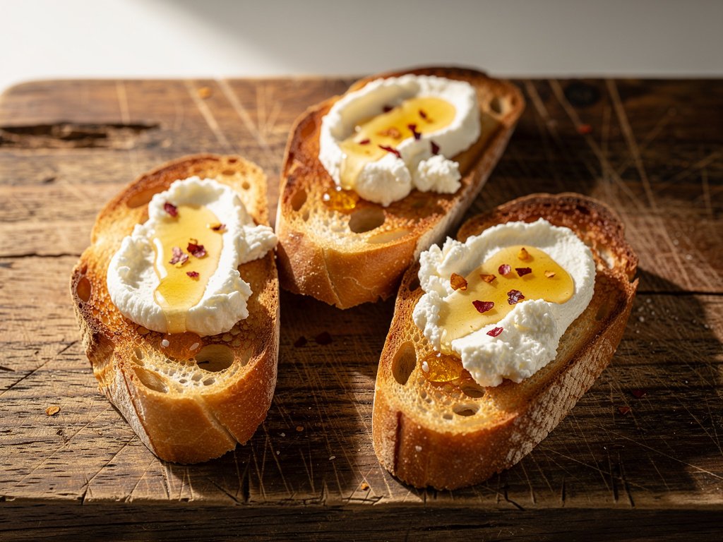 Creamy Ricotta Crostini with Hot Honey Drizzle