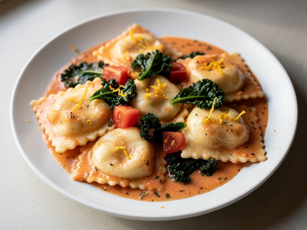 Quick Creamy Tomato Ricotta Ravioli with Kale and Lemon Sauce