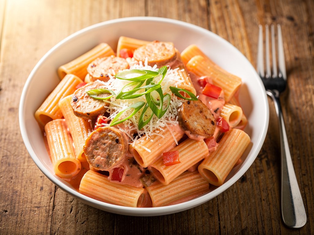 Creamy Rigatoni with Chicken Sausage and Bell Pepper