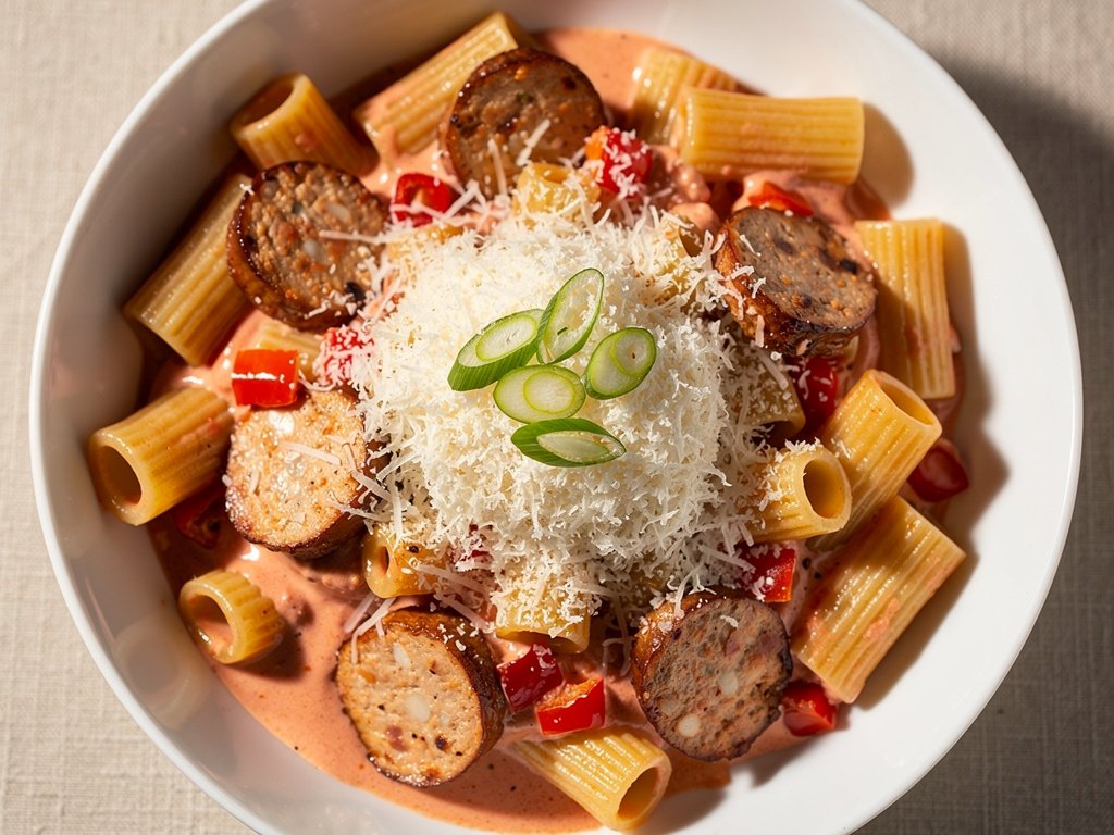 Creamy Rigatoni with Chicken Sausage and Bell Pepper