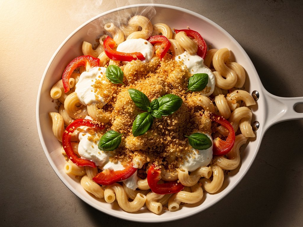Creamy Roasted Bell Pepper Cavatappi with Mozzarella and Basil
