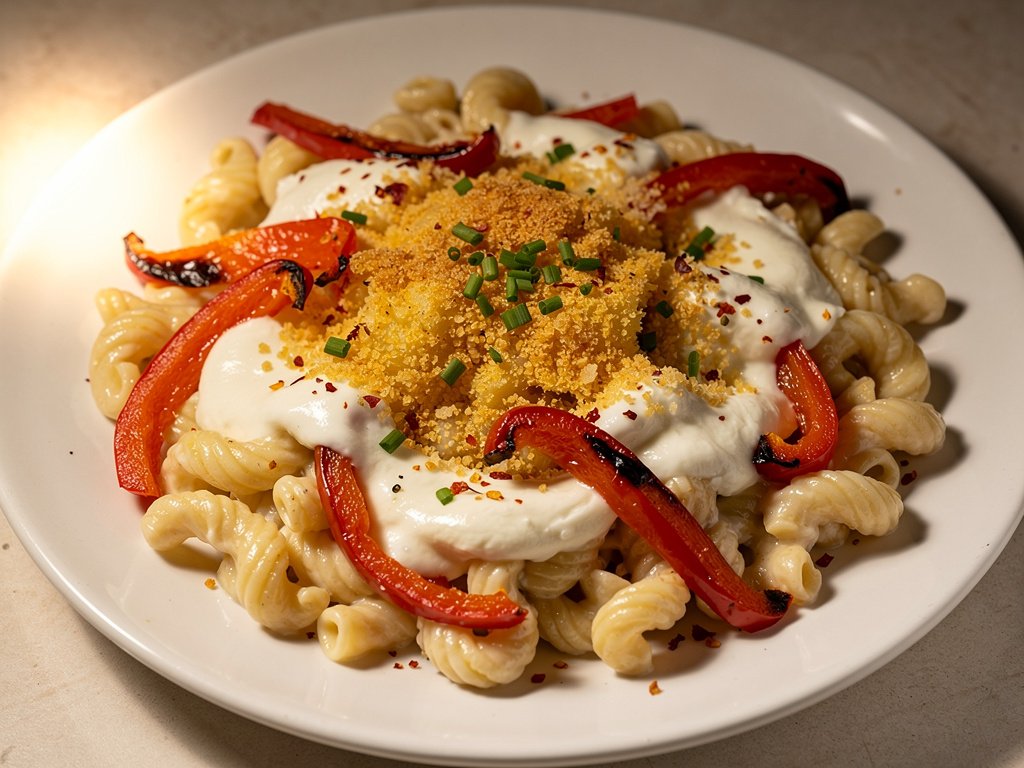Creamy Roasted Pepper Cavatappi with Mozzarella & Crispy Panko