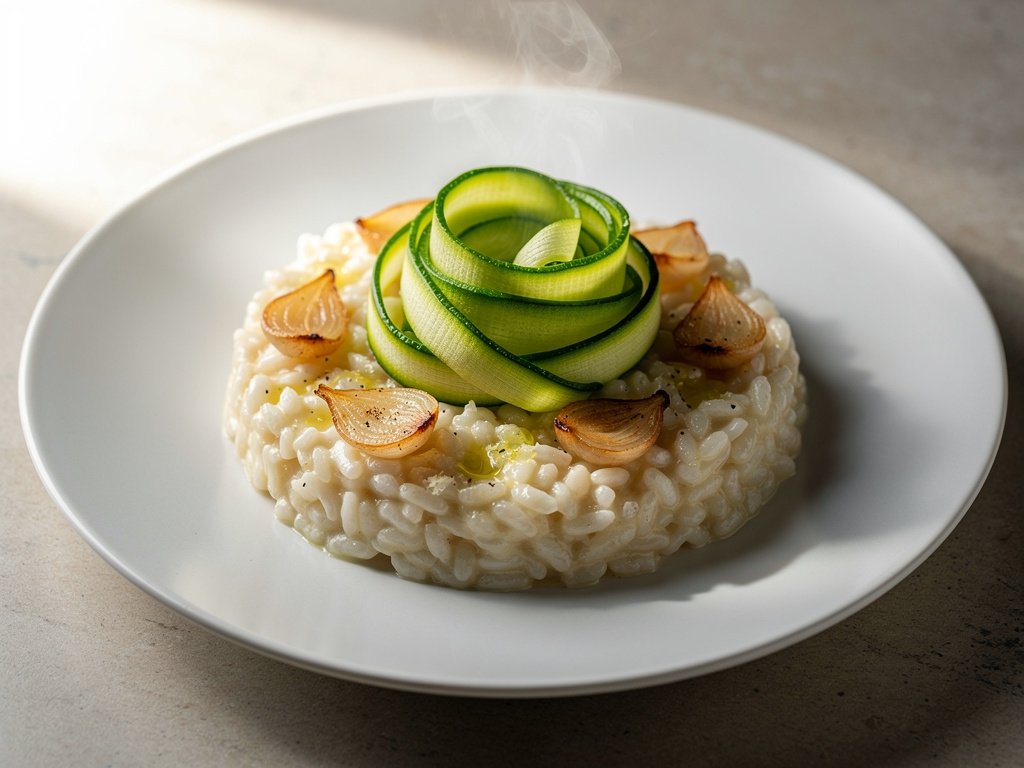 Creamy Roasted Shallot Risotto with Lemon Zucchini Ribbons