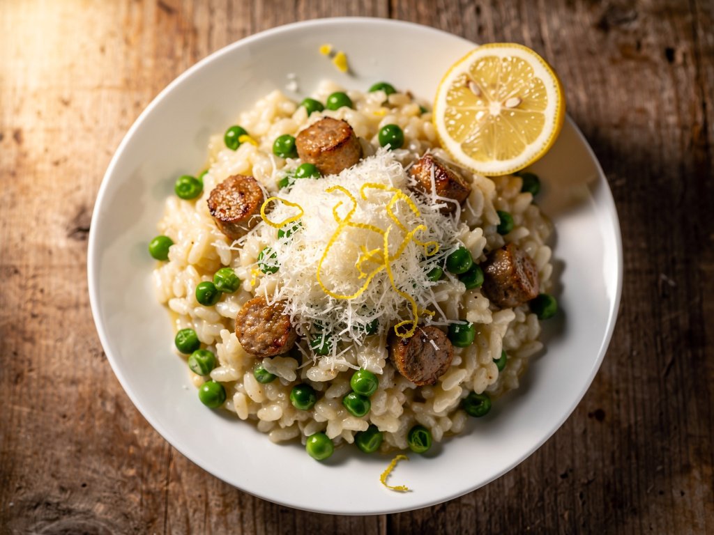 Creamy Sausage and Pea Risotto with Lemon and Parmesan
