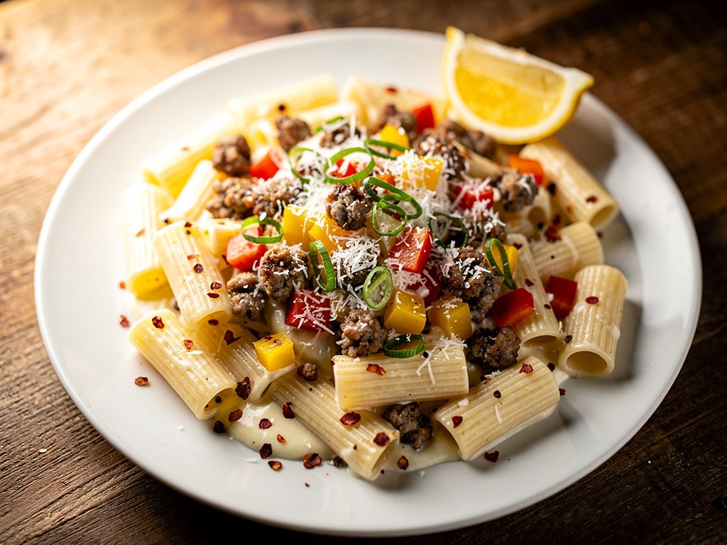 Creamy Sausage and Pepper Rigatoni with Lemon and Parmesan