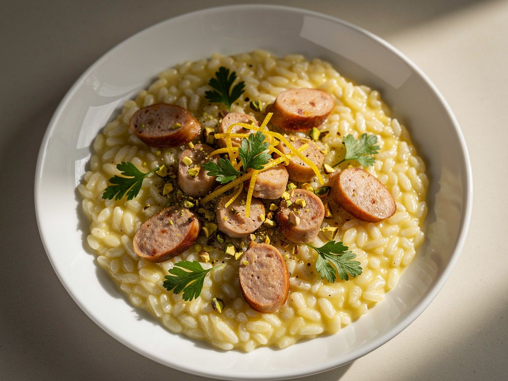 Creamy Sausage Risotto with Lemon, Herbs, and Pistachios