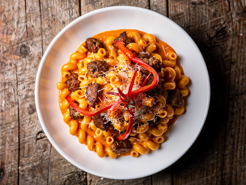 Creamy Sausage and Roasted Pepper Cavatappi with Parmesan
