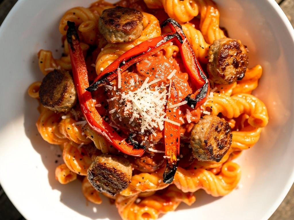 Creamy Sausage and Roasted Pepper Cavatappi Pasta