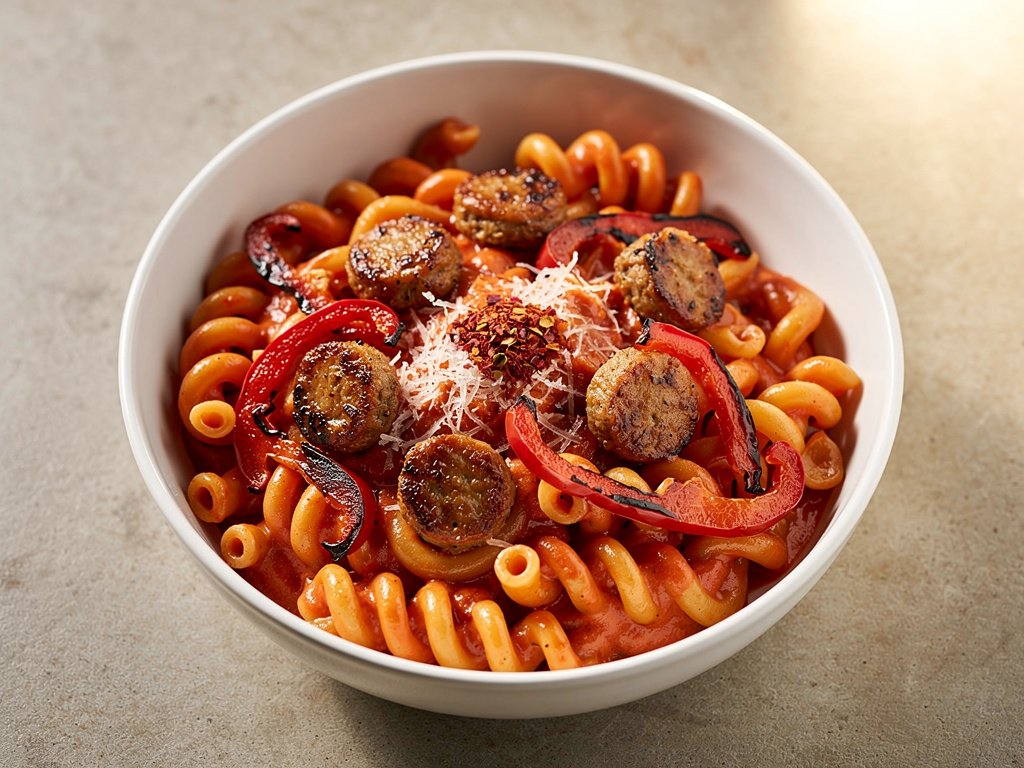 Creamy Sausage and Roasted Pepper Cavatappi with Parmesan