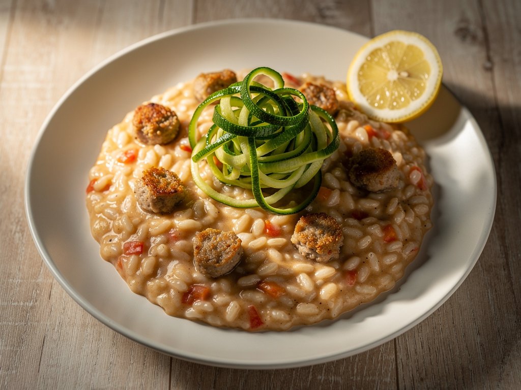 Creamy Sausage and Tomato Risotto with Lemon Zucchini Ribbons