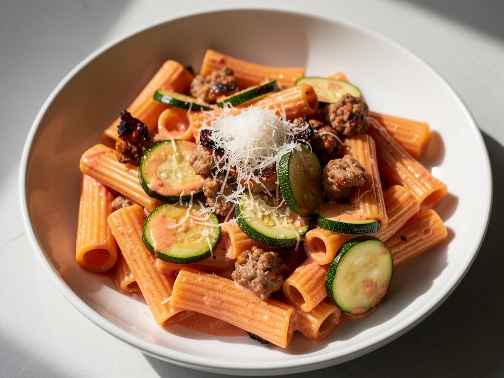 Creamy Sausage and Zucchini Rigatoni with Pink Sauce