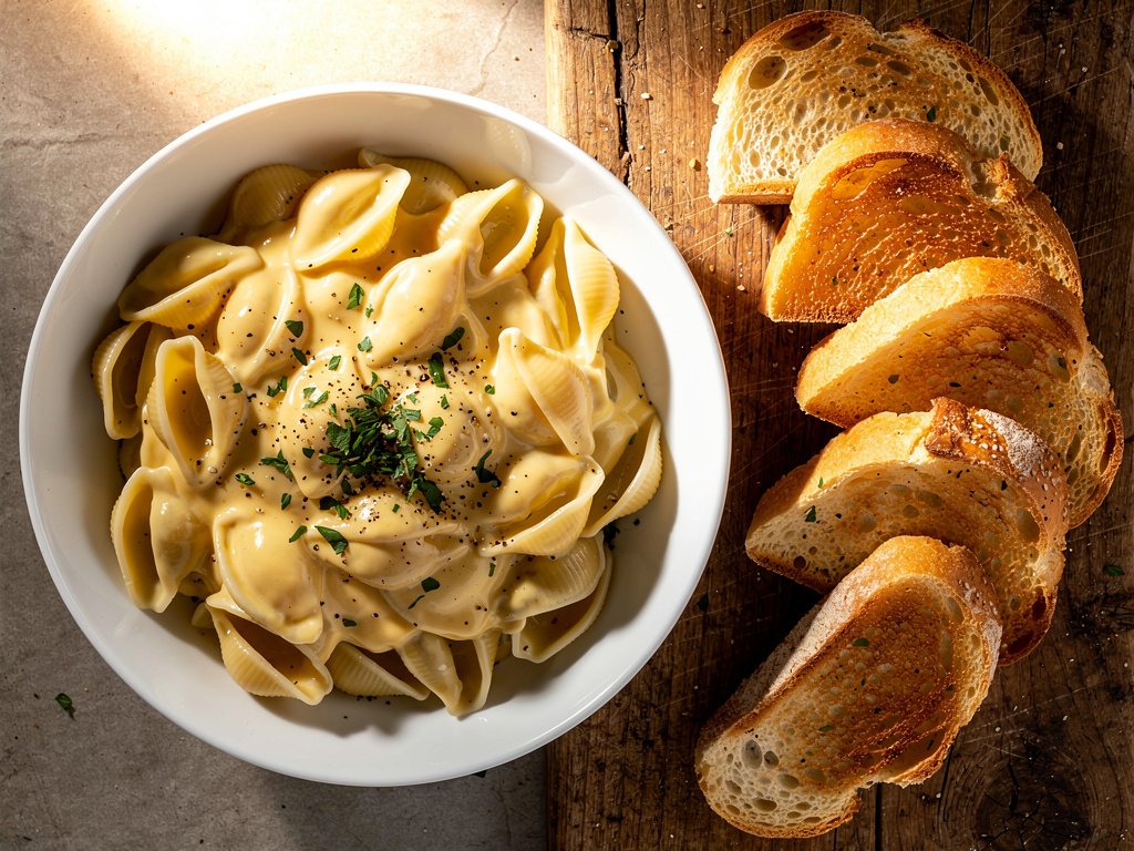 Creamy Shell Pasta with White Cheddar and Garlic Bread