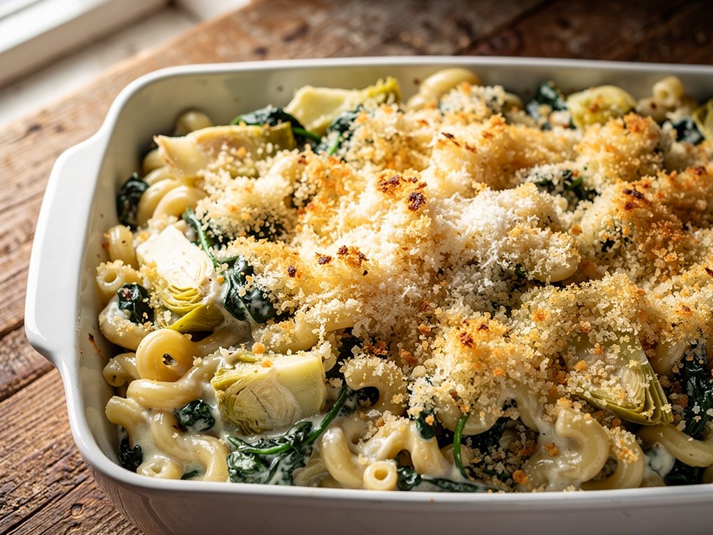 Creamy Spinach Artichoke Pasta Bake with Crispy Panko Parmesan Topping