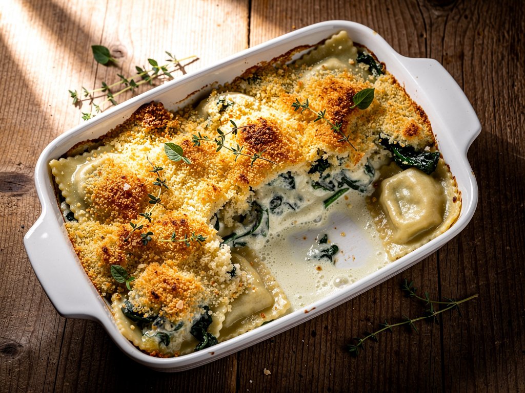 Creamy Spinach Ravioli Gratin with Parmesan Panko Crust