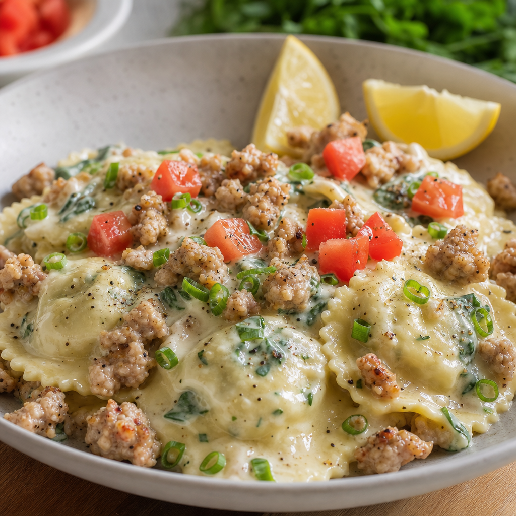 Creamy Spinach-Ricotta Ravioli with Chicken Sausage, Tomato, and Lemon