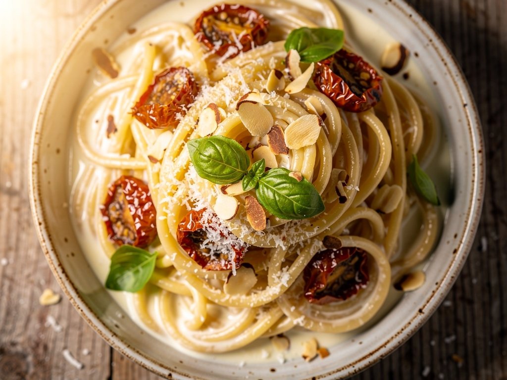 Creamy Sun-Dried Tomato and Basil Pasta with Toasted Almonds