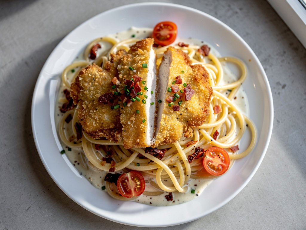 Creamy Sun-Dried Tomato Pasta with Parmesan-Crusted Bacon Chicken