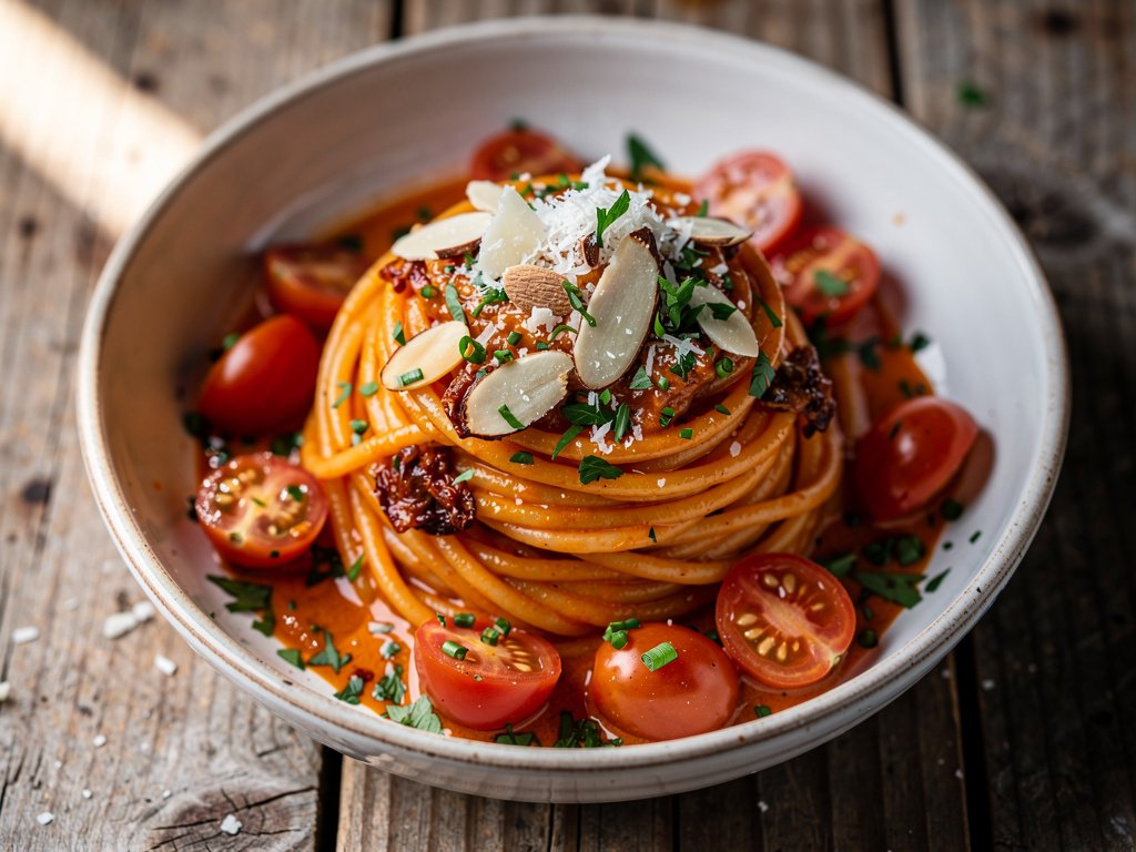 Creamy Sun-Dried Tomato Pasta with Toasted Almonds and Parmesan