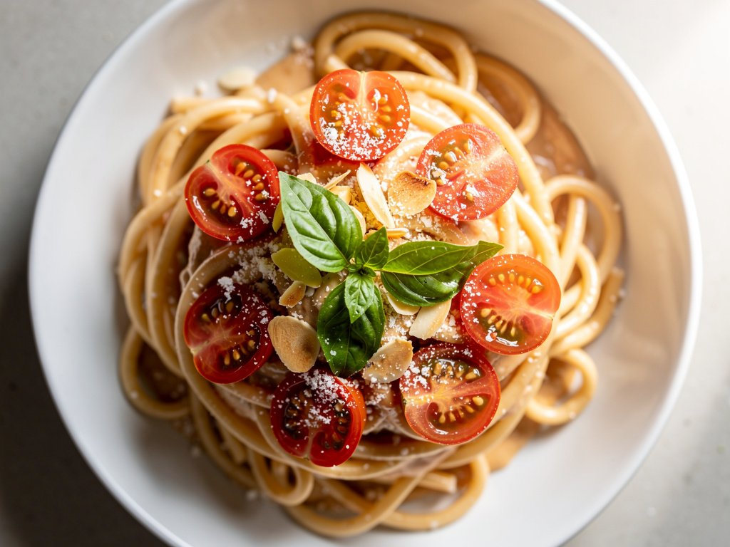 Creamy Sun-Dried Tomato Spaghetti with Toasted Almonds and Parmesan