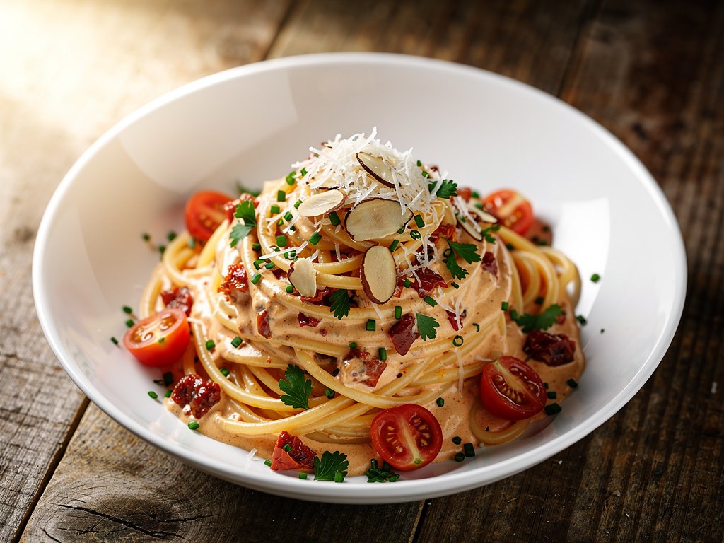 Creamy Sun-Dried Tomato Spaghetti with Toasted Almonds and Parmesan
