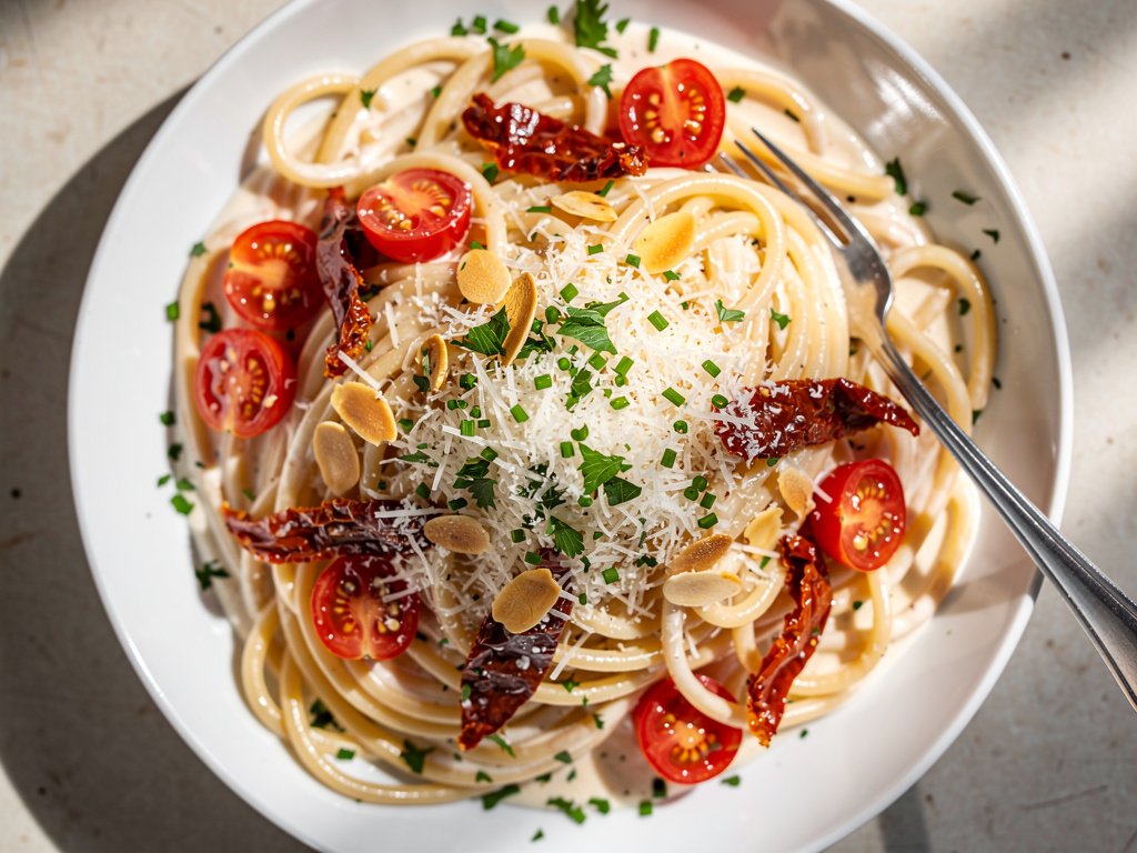 Creamy Sun-Dried Tomato Spaghetti with Toasted Almonds and Parmesan