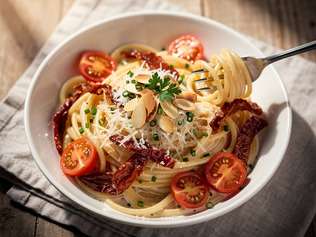 Creamy Sun-Dried Tomato Spaghetti with Toasted Almonds and Parmesan