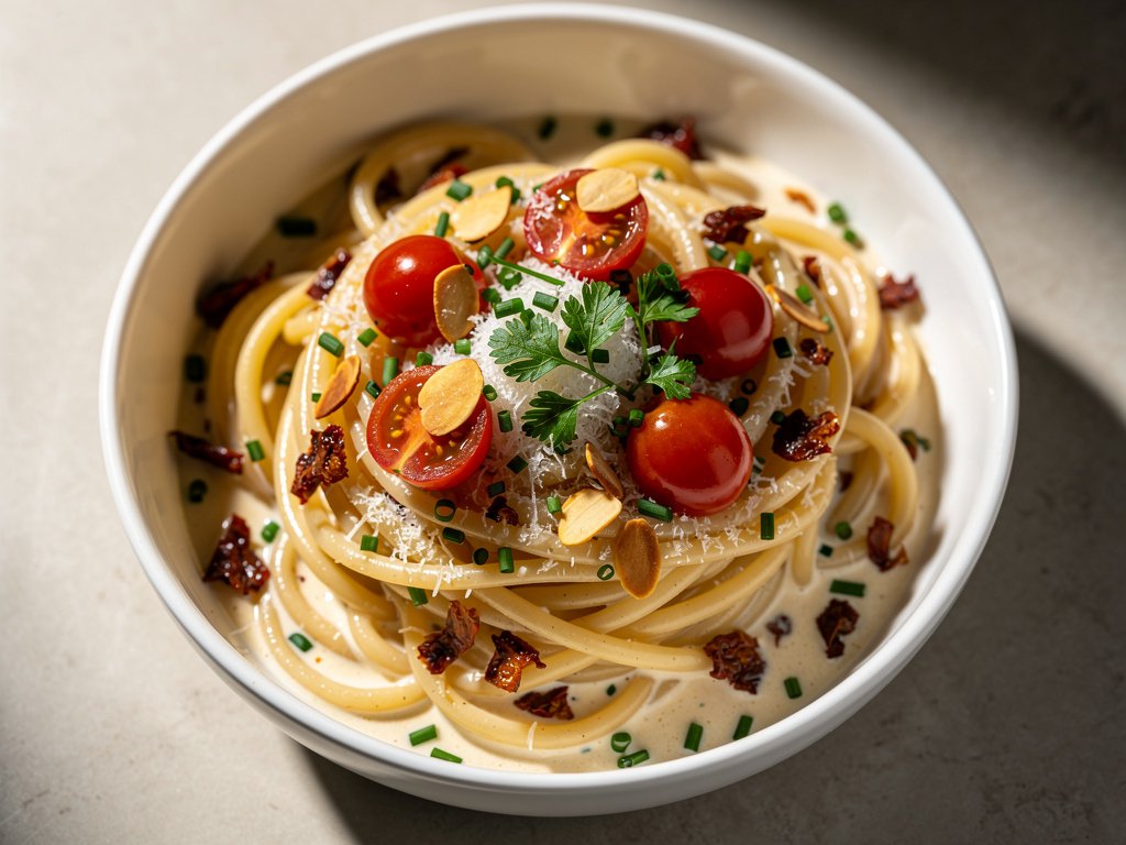 Creamy Sun-Dried Tomato Spaghetti with Toasted Almonds and Parmesan