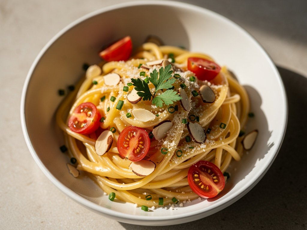 Creamy Sun-Dried Tomato Spaghetti with Toasted Almonds and Parmesan