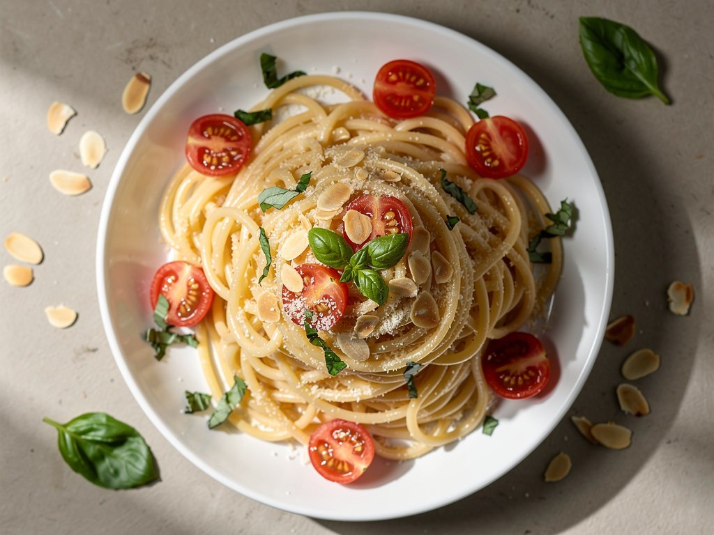Creamy Sun-Dried Tomato Spaghetti with Toasted Almonds and Parmesan