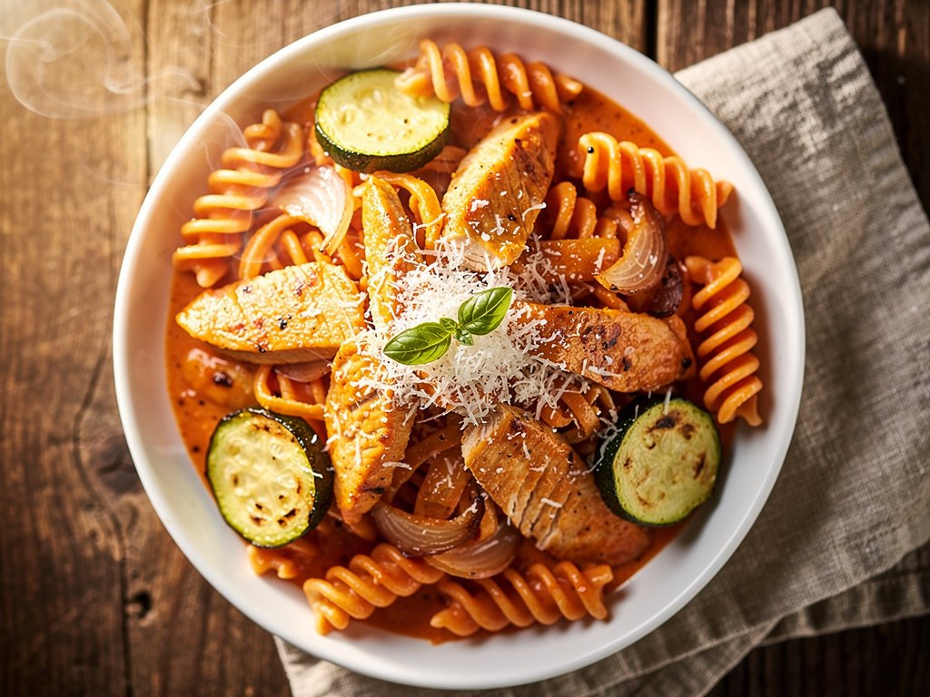 Creamy Tomato Chicken Fusilli with Roasted Vegetables