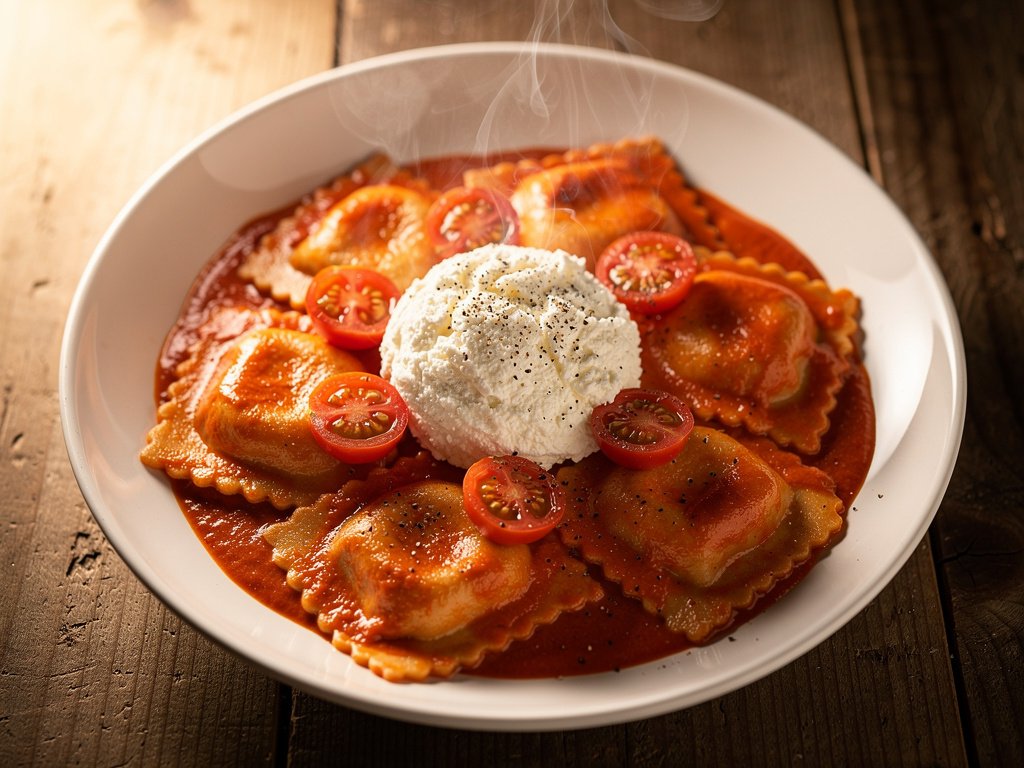 Creamy Tomato Mushroom Ravioli with Ricotta Dollop