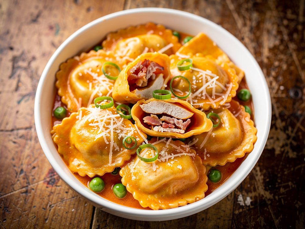 Creamy Tomato Parmesan Ravioli with Chicken, Bacon, and Peas