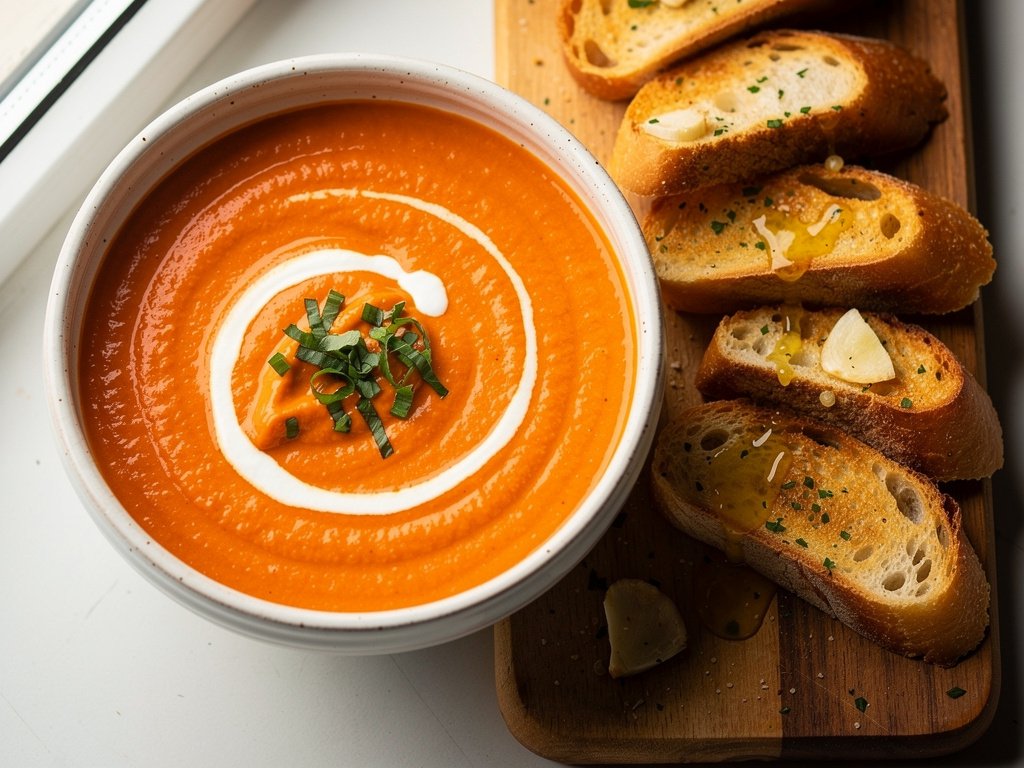 Rich and Creamy Tomato Soup with Crispy Garlic Bread