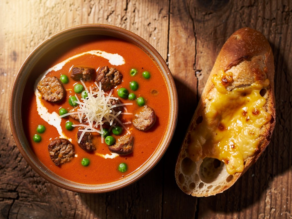 Creamy Tomato Soup with Italian Sausage and Cheesy Bread