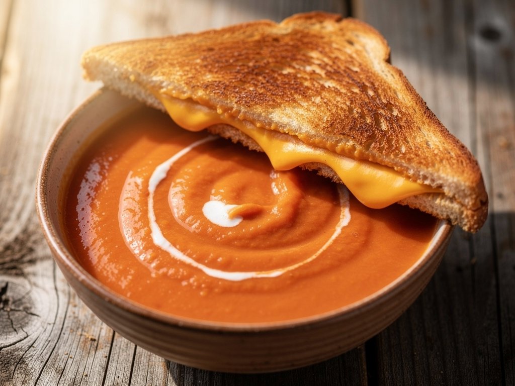 Creamy Tomato Soup with Sharp Cheddar Grilled Cheese on Sourdough