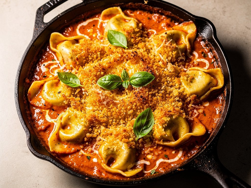 Creamy Tomato Tortelloni Bake with Crispy Parmesan Panko Topping