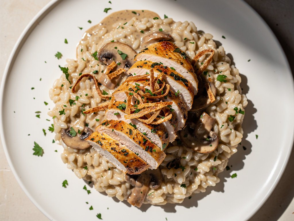 Creamy Truffle Risotto with Herbed Chicken and Mushroom Sauce