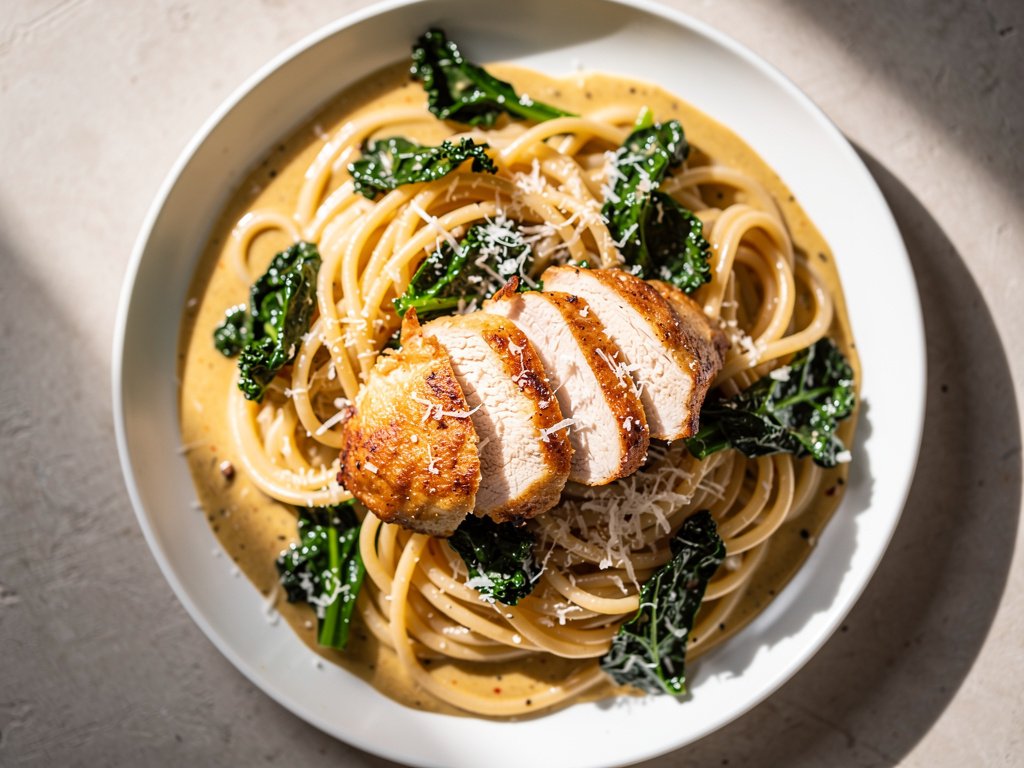 Creamy Tuscan Chicken and Kale Spaghetti with Parmesan