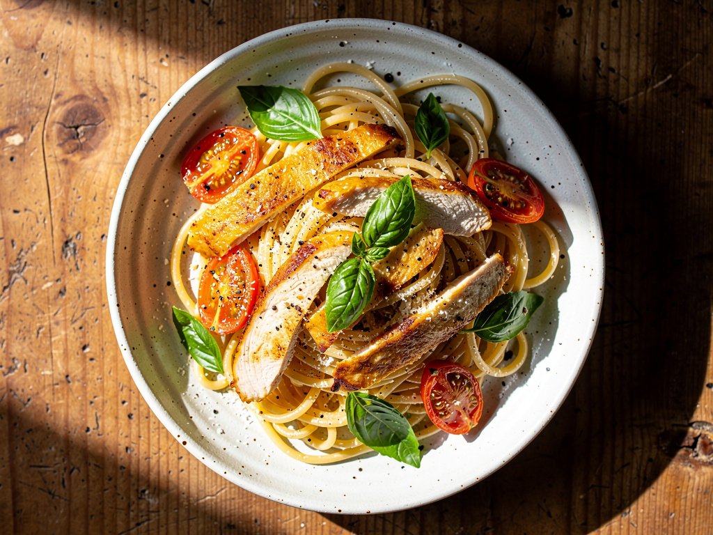 Creamy Tuscan Chicken Linguine with Roasted Tomatoes and Basil