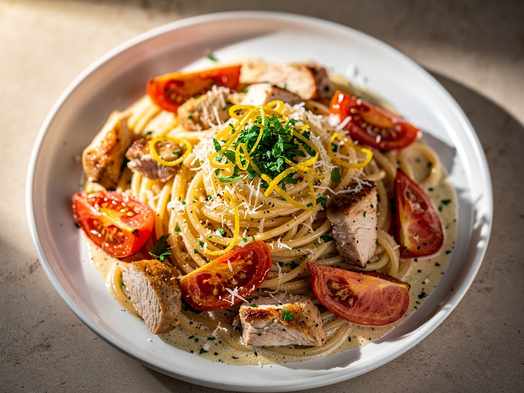 Creamy Tuscan Chicken Spaghetti with Roasted Tomatoes