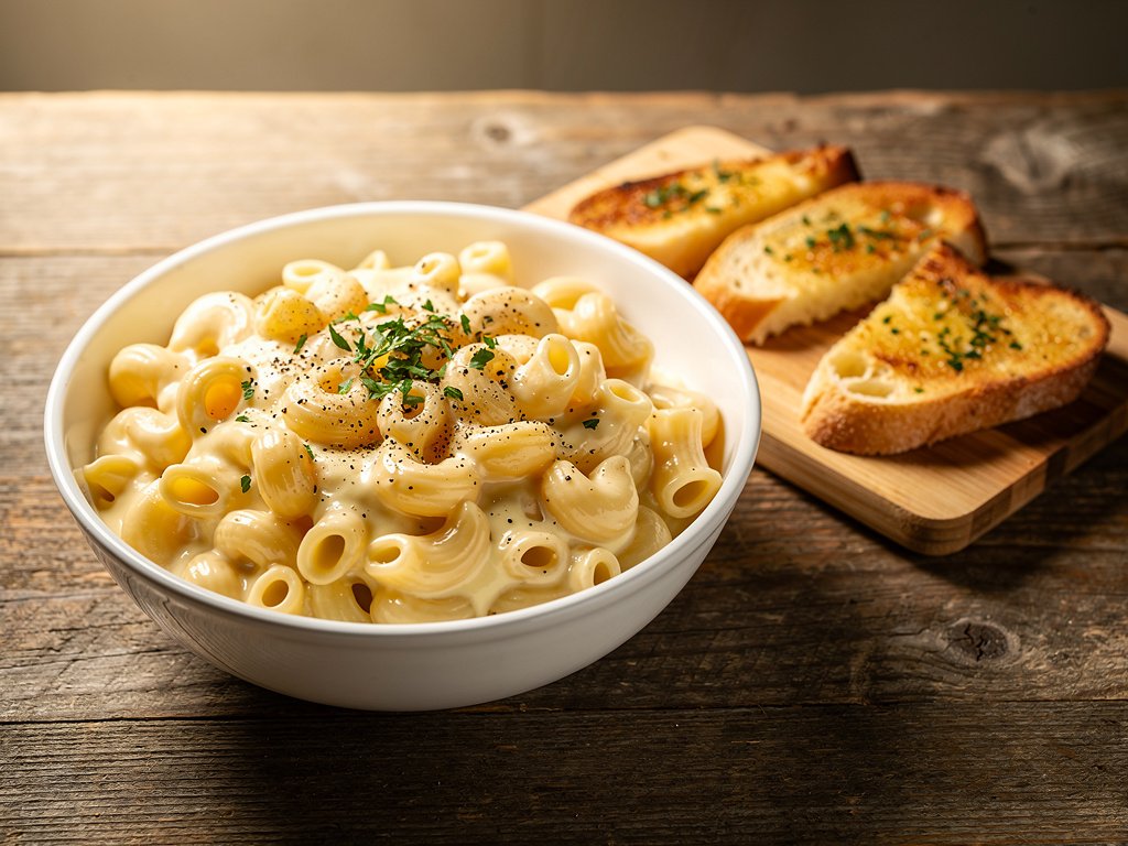 Creamy White Cheddar Shells and Cheese with Crispy Garlic Bread