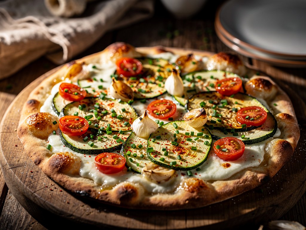 Creamy White Sauce Flatbreads with Roasted Garlic, Zucchini & Tomatoes