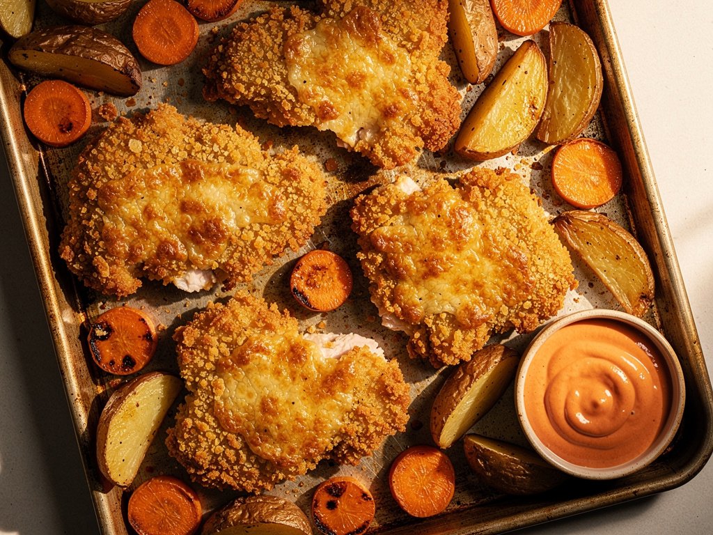 Crispy Baked Chicken with Monterey Jack and Roasted Vegetables