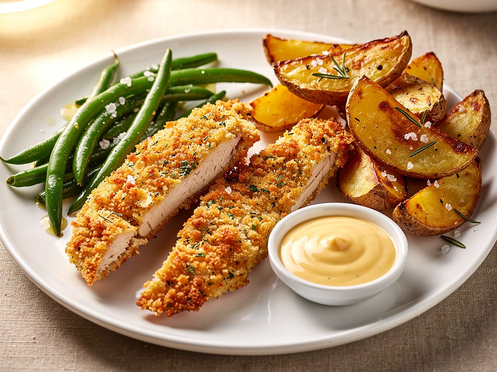 Crispy Baked Parmesan Chicken Strips with Rosemary Fries and Honey Mustard