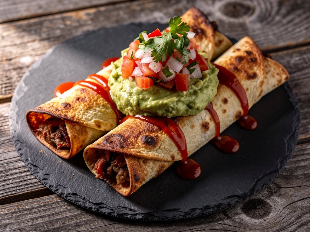 Crispy Baked Pork Taquitos with Pico de Gallo and Creamy Guacamole