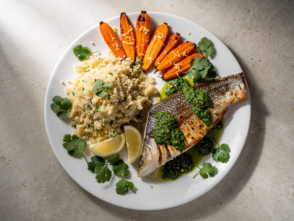Crispy Barramundi with Chimichurri, Lemon Carrots, and Garlic Couscous
