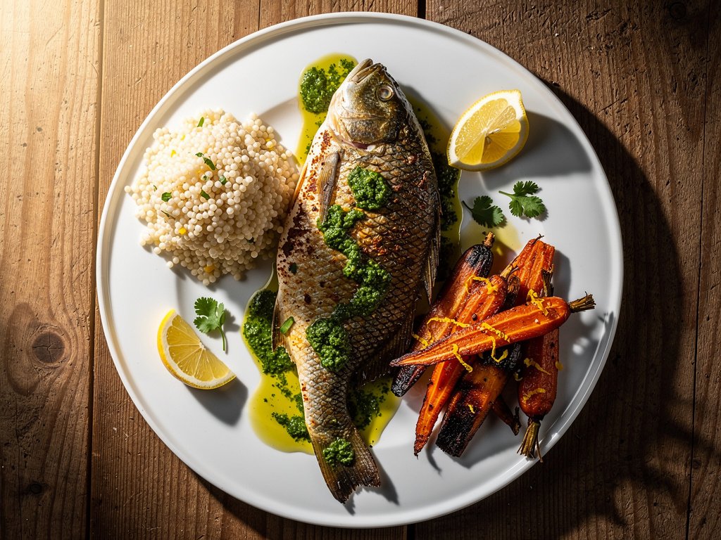 Crispy Barramundi with Chimichurri, Lemony Carrots, and Garlic Couscous