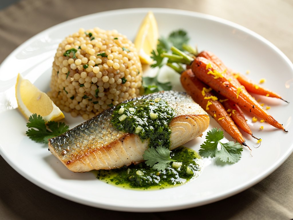 Crispy Barramundi with Chimichurri, Lemony Carrots, and Garlic Couscous