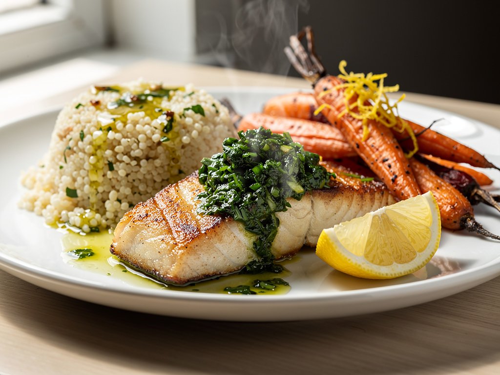 Crispy Barramundi with Chimichurri, Lemony Carrots, and Garlic Herb Couscous
