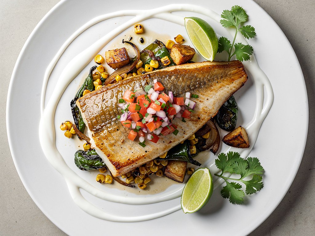 Crispy Barramundi with Corn and Poblano Hash and Salsa Fresca